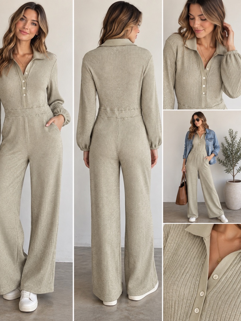Free The Roses Ribbed Knit Wide Leg Jumpsuit Beige Taupe Size S